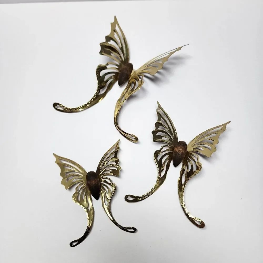 Vintage Mid Century Brass And Wood Set Of 3 Butterflies